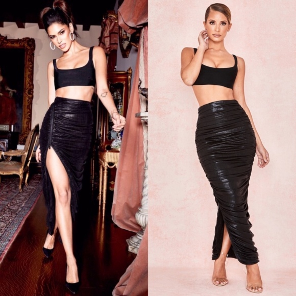 House Of CB London Black Ruched Yuli Wet Bodycon Maxi Skirt Dress Black Metallic